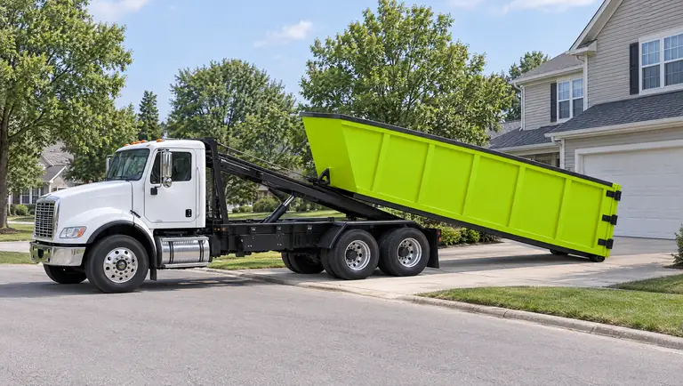 Illustration: a roll-off truck setting a dumpster on a home driveway