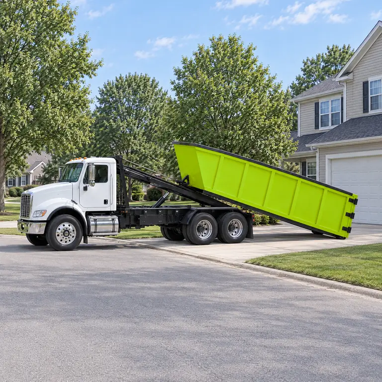 Illustration: a roll-off truck setting a dumpster on a home driveway